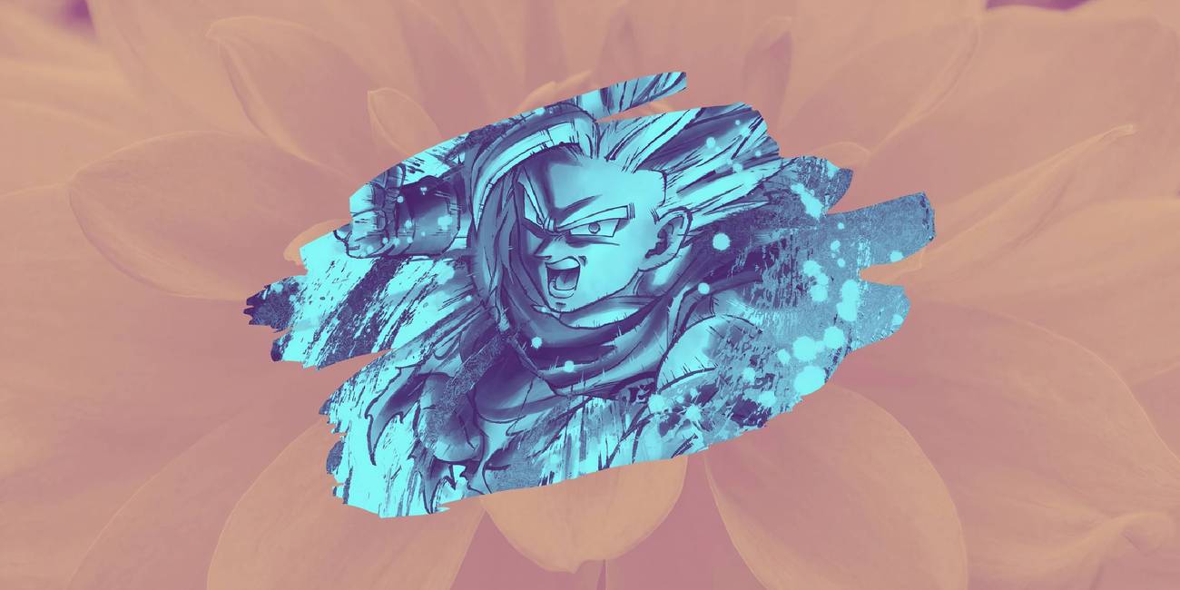 Blue tinted image of Goku from Dragon Ball FighterZ over a pink floral background
