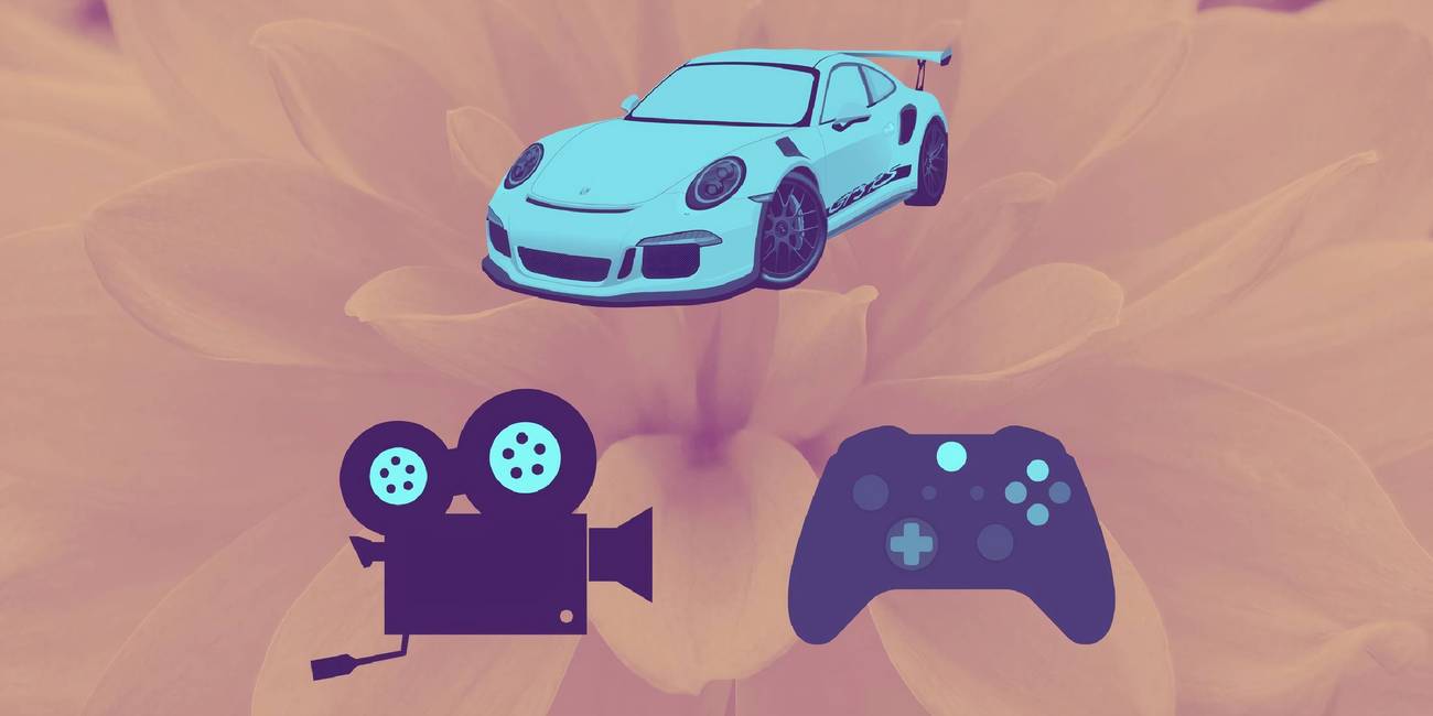 Blue tinted images of a sports car, a film camera, and a game controller over a pink floral background
