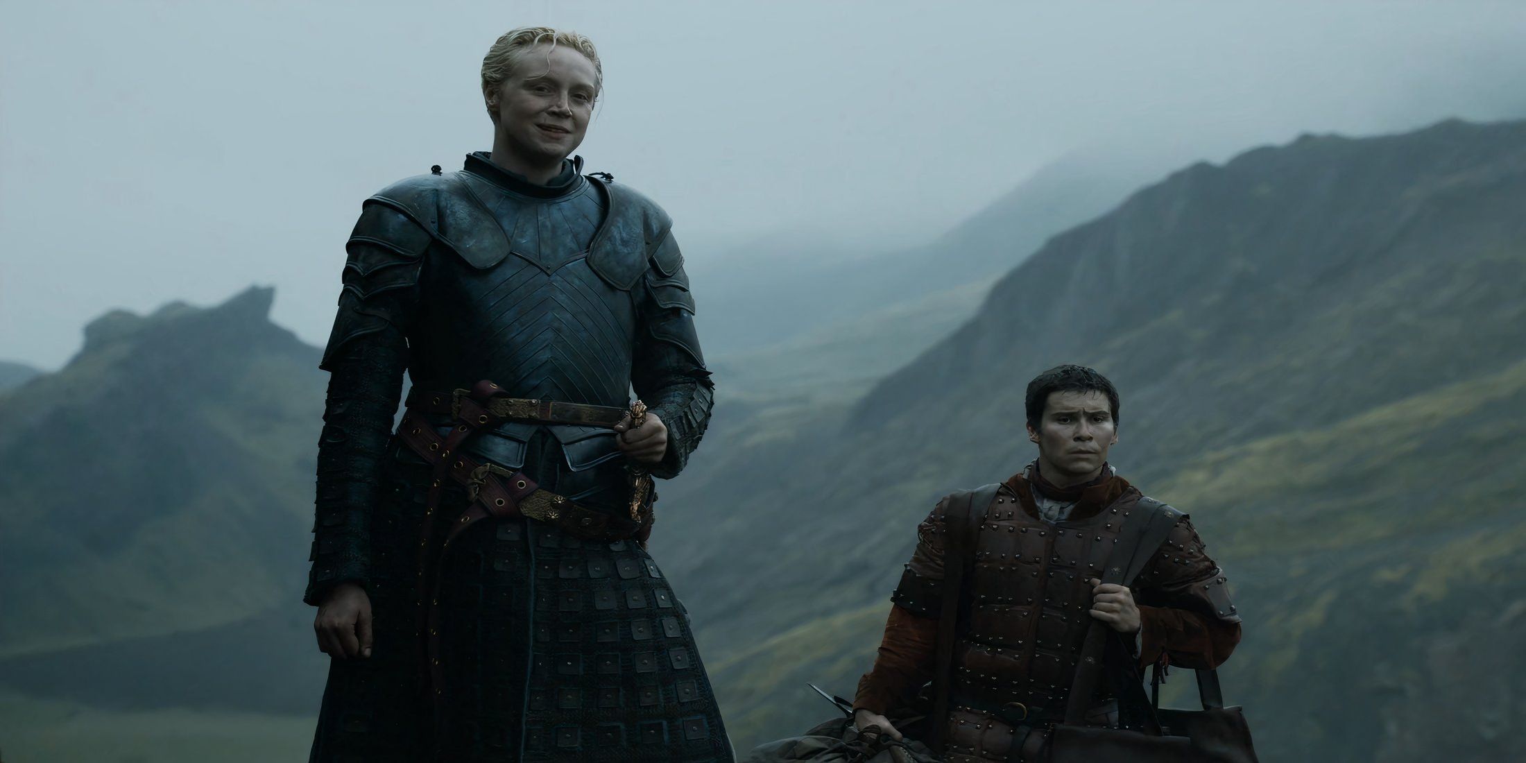 Brienne of Tarth and Podrick Payne talking to Arya Stark and The Hound in Game of Thrones