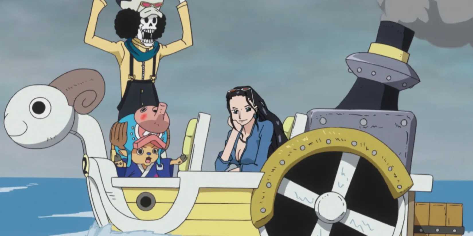 Brook, Robin, and Chopper on the Mini Merry One Piece