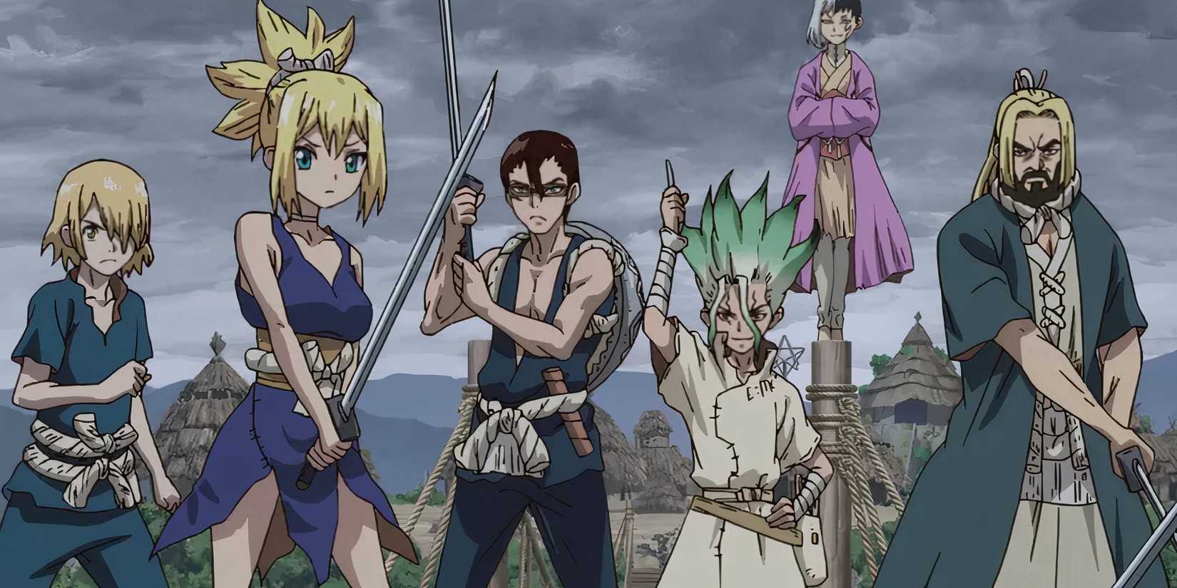 Dr. Characters preparing for battle in Stone