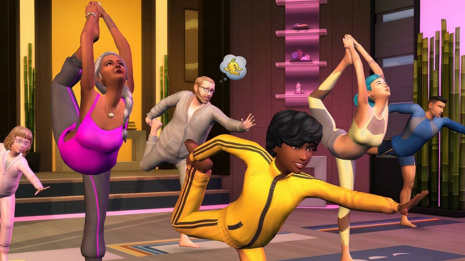 Child and adult Sims taking part in a group yoga session in The Sims 4 Spa Day