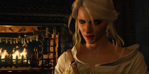Ciri stands near a warm fireplace with a serious expression during a cutscene in The Witcher 3 on Nintendo Switch