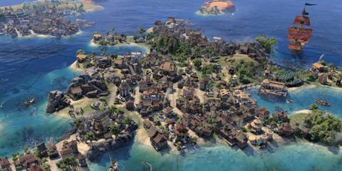 Coastal island city with tropical architecture and sailing ships nearby in civilization 7  