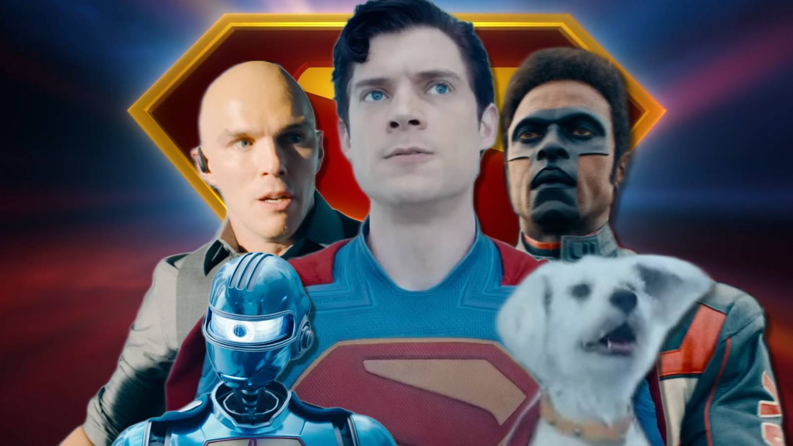 Collage of heroes and villains from James Gunn's Superman