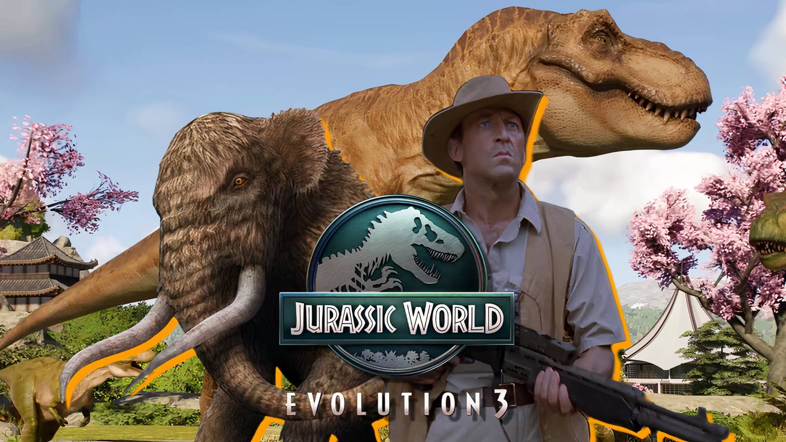 Collage of Robert Muldoon, a mastodon, and a T-Rex from the Jurassic saga