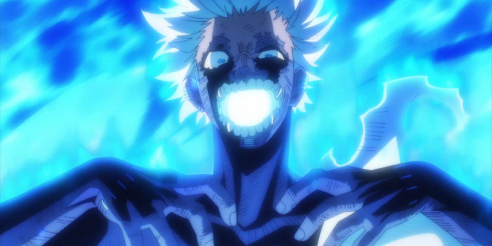Dabi laughs amid blue fire everywhere.