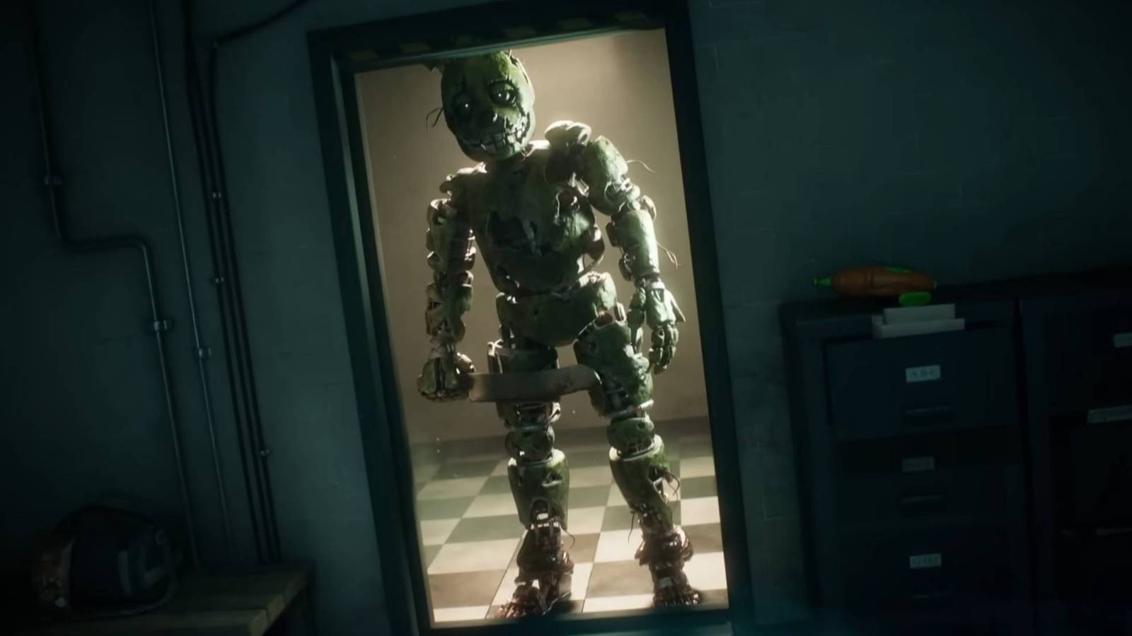 Springtrap standing outside the security room in Dead by Daylight's Five Nights at Freddy's trailer