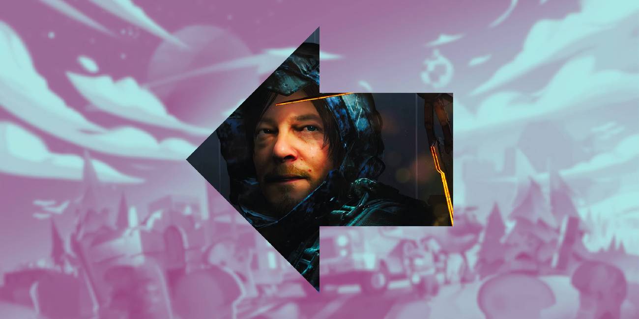 Death Stranding Sam Porter in arrow frame over blurred pink background of Overcooked 2 game cover