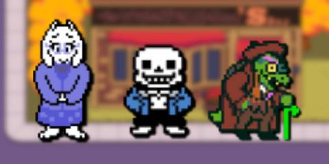 A collage of three Undertale characters who make cameos in Deltarune: Toriel, Sans and Gerson Boom.