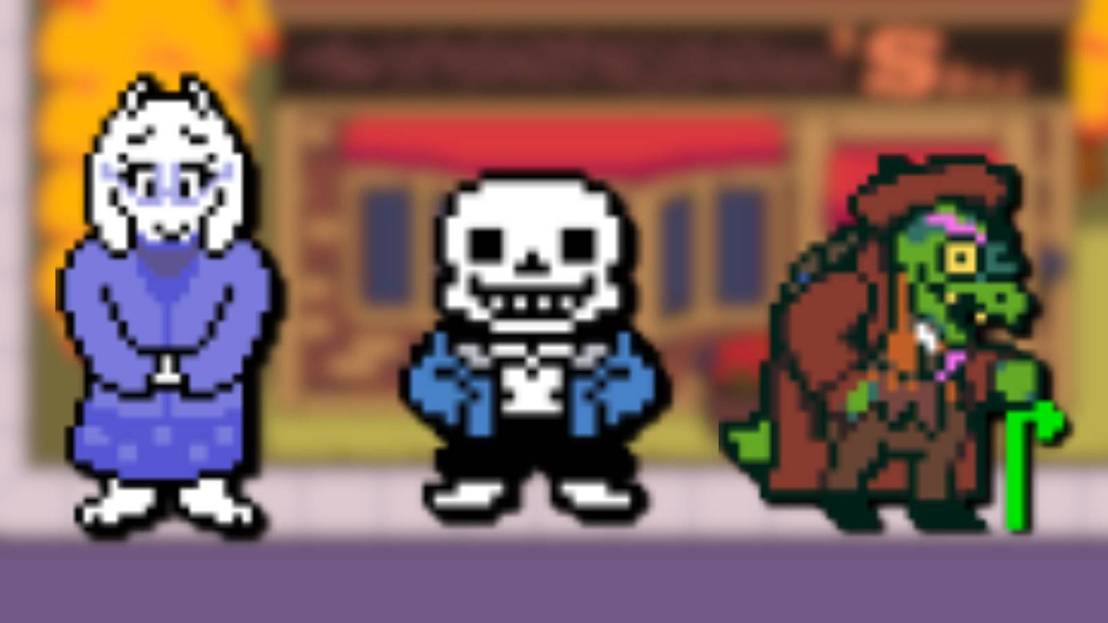 A collage of three Undertale characters who make cameos in Deltarune: Toriel, Sans and Gerson Boom.
