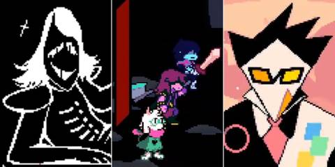 A collage of several pics of Deltarune: Rouxls Kaard's shop, Kris, Susie and Ralsei fighting and Swatch's shop.