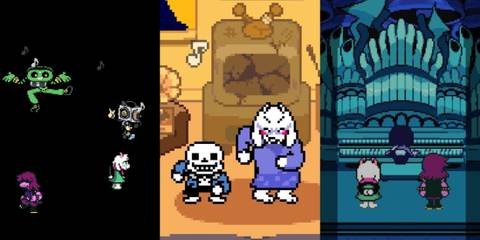 A collage of three musical moments in Deltarune: The fight against Sweet Cap'n Cakes, Toriel and Sans dancing together and Kris playing the piano in Chapter 4.
