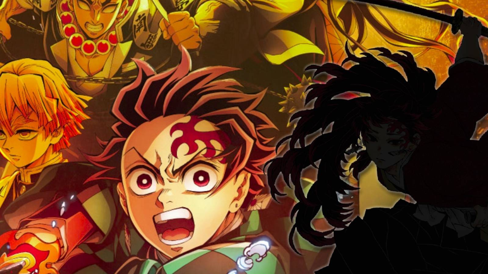 picture: demon slayer infinity castle poster with the shadow of a person.