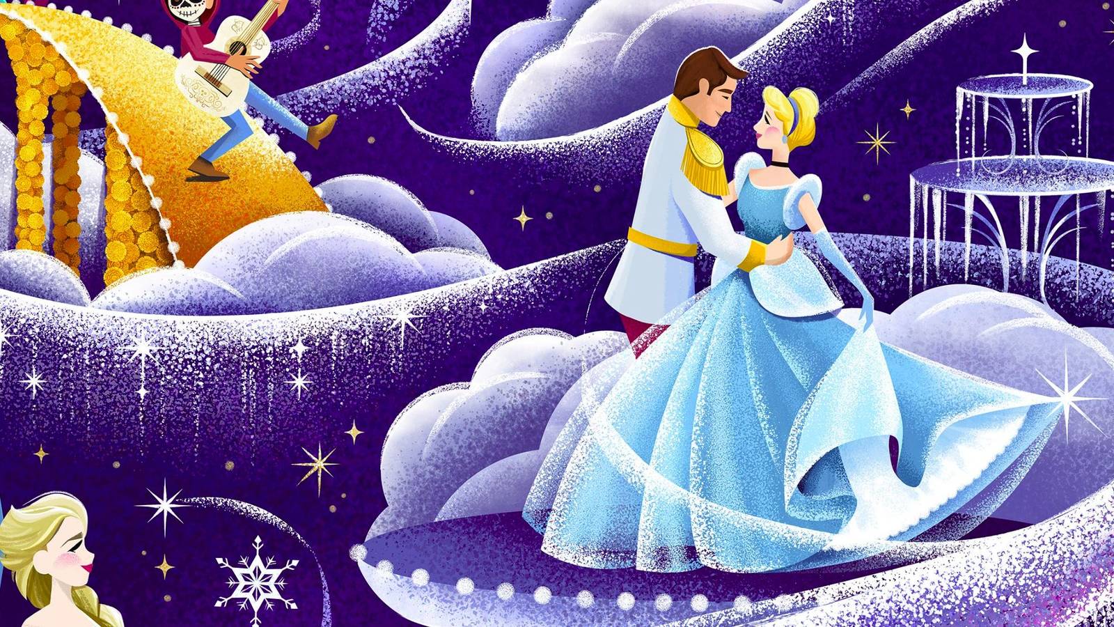 picture: disney starlight poster, featuring cinderella and prince charming dancing.