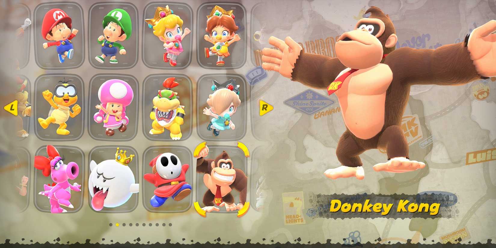 Donkey Kong in Mario Kart World’s character select screen