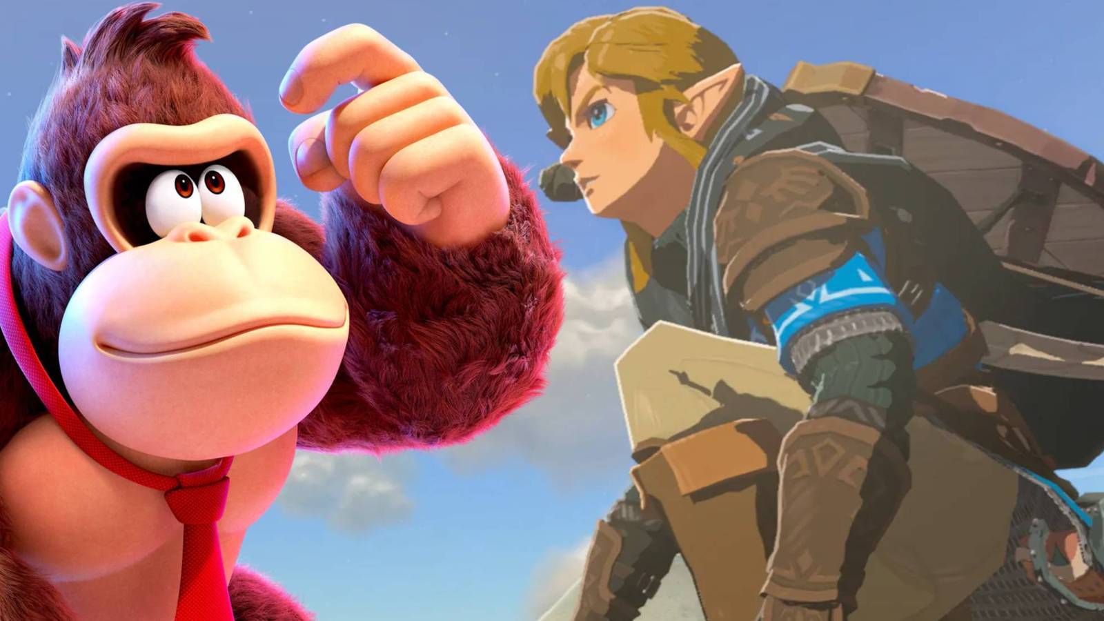Donkey Kong from Donkey Kong Bananza looking at Link from The Legend of Zelda: Tears of the Kingdom
