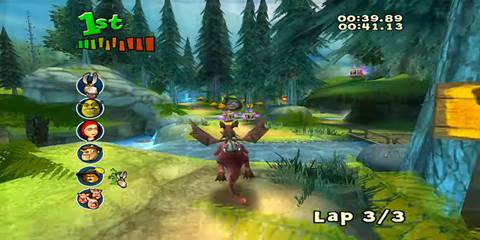 Donkey riding a dragon in Shrek Smash n Crash Racing