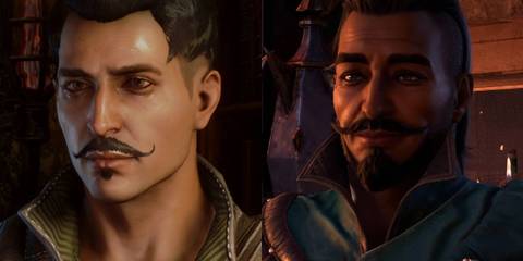 Dragon Age split image Dorian from Inquisition and Veilguard