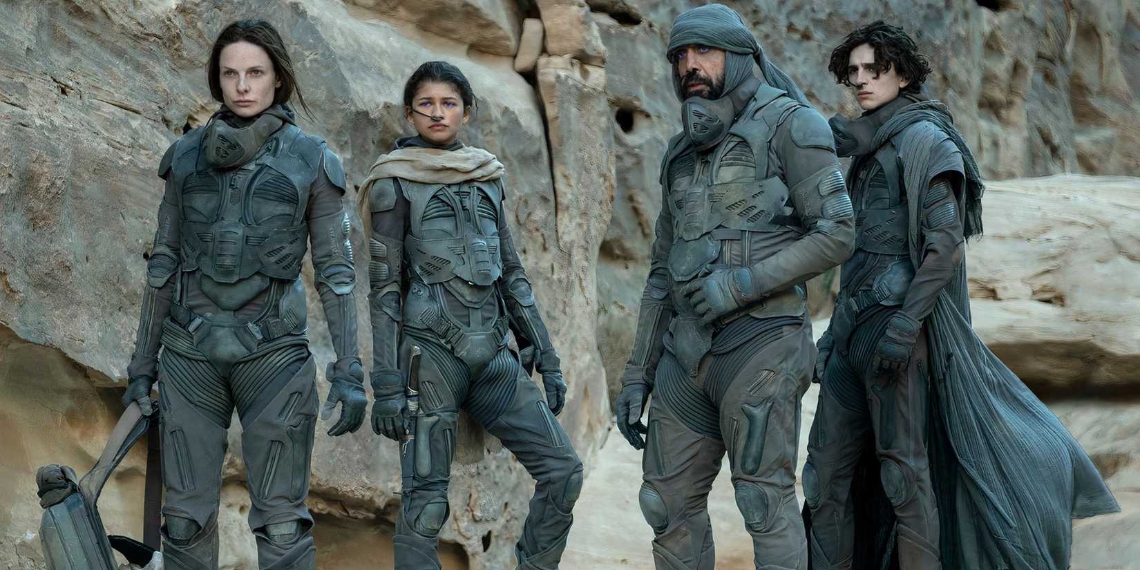 Paul, Chani, Lady Jessica, and Stilgar in Dune: Part Two
