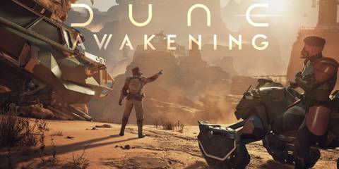 Dune Awakening character pointing in Arrakis desert below game logo 2x1 composite