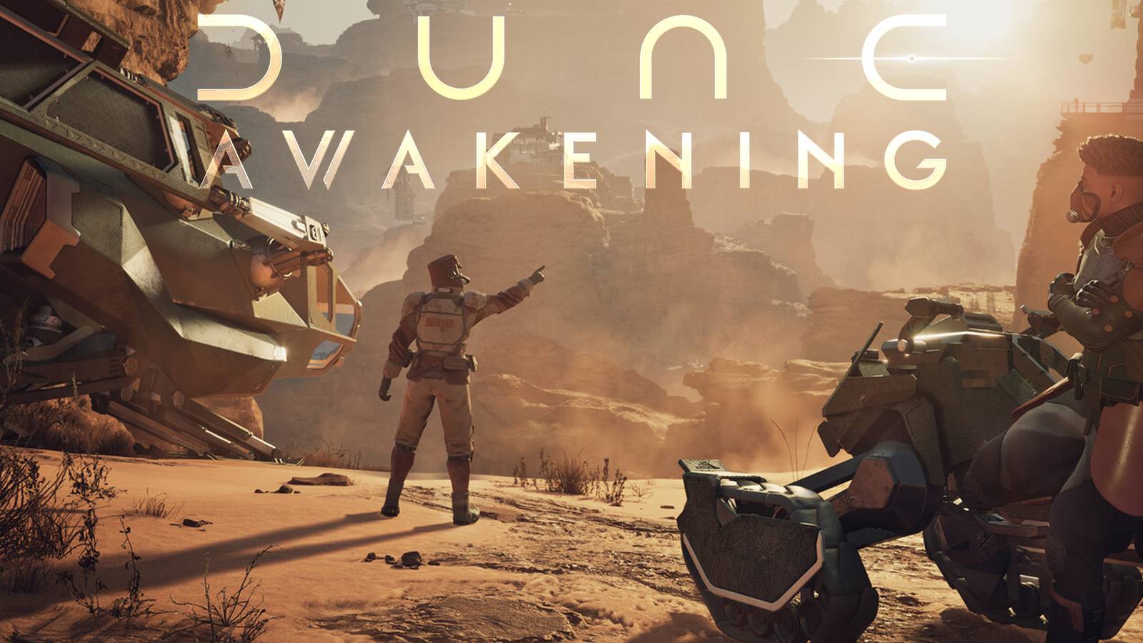 Dune Awakening character pointing in Arrakis desert below game logo 2x1 composite