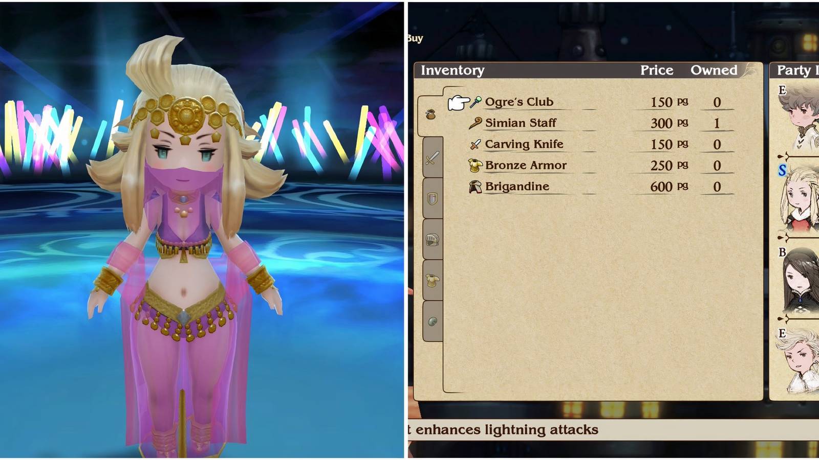 Edea as a Spell Fencer and an item shop in Bravely Default Flying Fairy HD Remaster