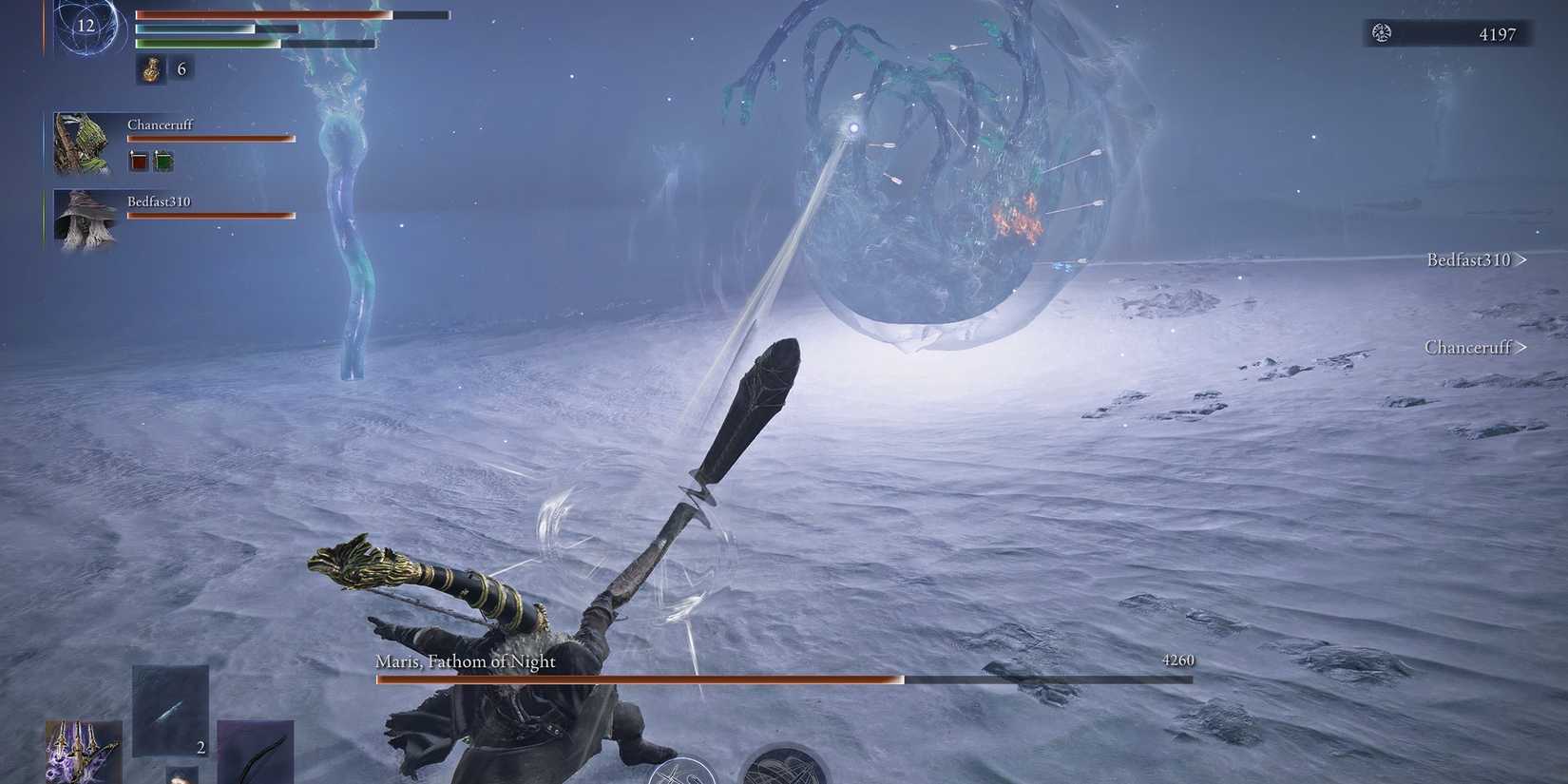 Ironeye using his ultimate art against Maris in Elden Ring Nightreign