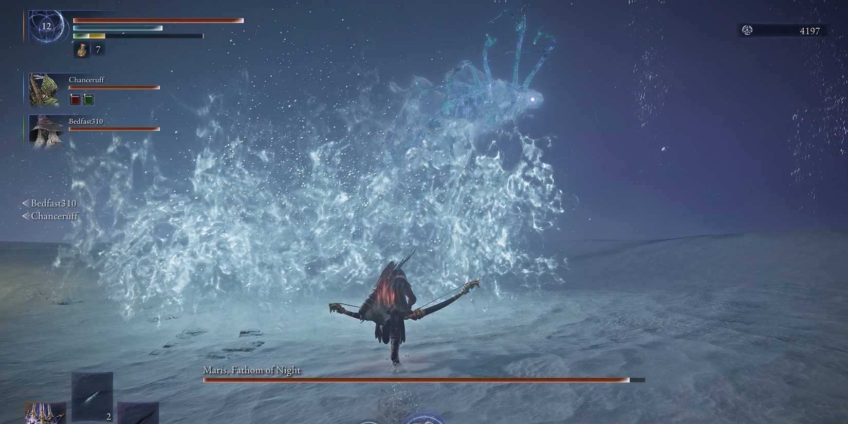 Maris hurling a wave at Ironeye in Elden Ring Nightreign