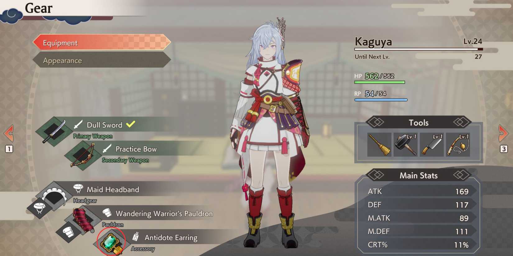 Equipping the Antidote Earring in Rune Factory Guardians of Azuma Gear menu
