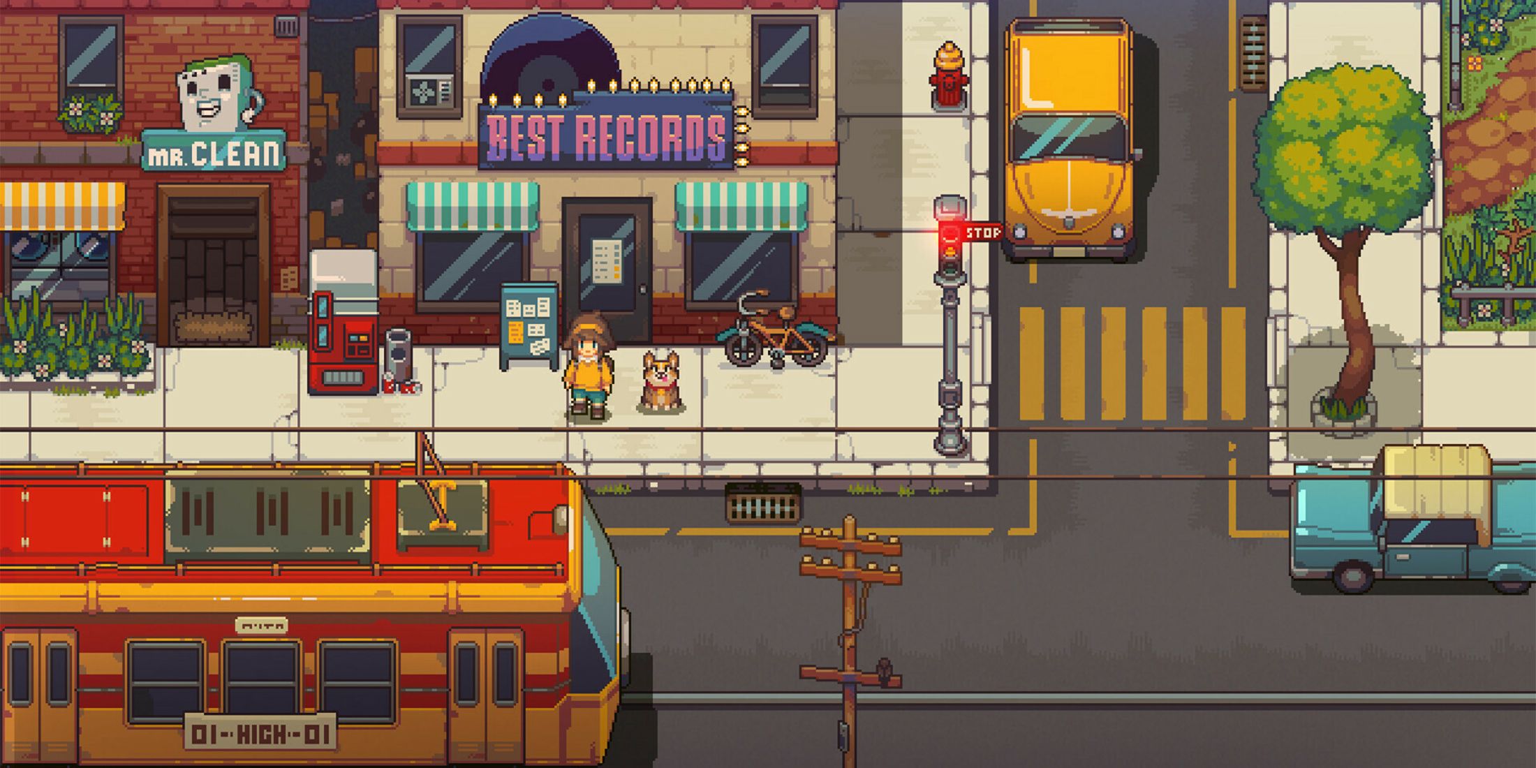 Exploring Bloomtown's charming streets with a dog companion, one of the best cozy games on Steam
