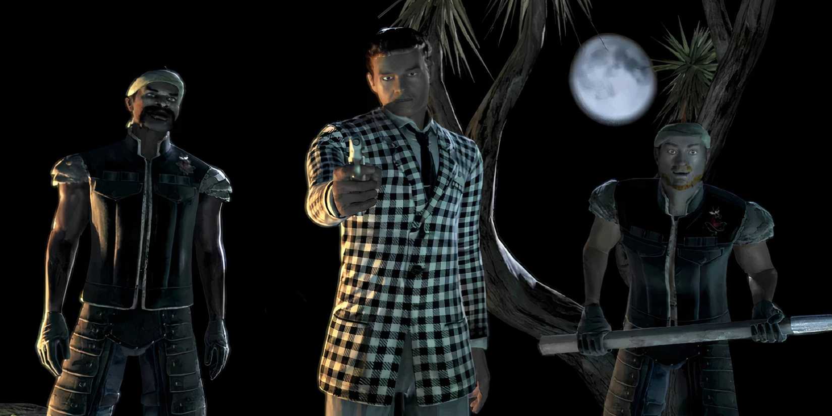 Fallout New Vegas Benny pointing a gun at the player