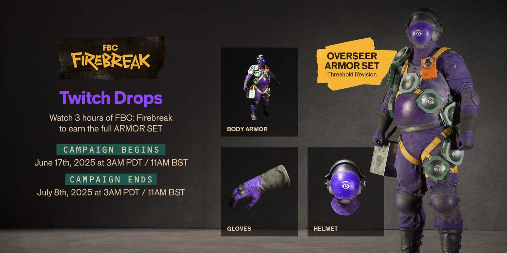 FBC Firebreak Launch Twitch Drop Overseer Armor Set Threshold Revision Cosmetic Drops Rewards