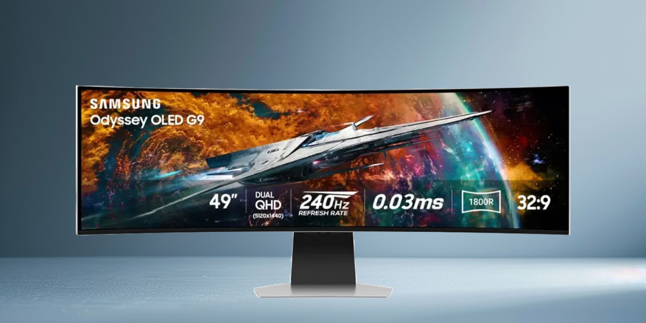 Image of a Samsung gaming monitor on a blue background.