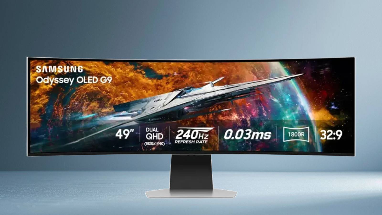 Image of a Samsung gaming monitor on a blue background.