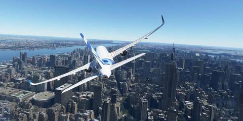 Flying a plane over a city in Microsoft Flight Simulator 2020