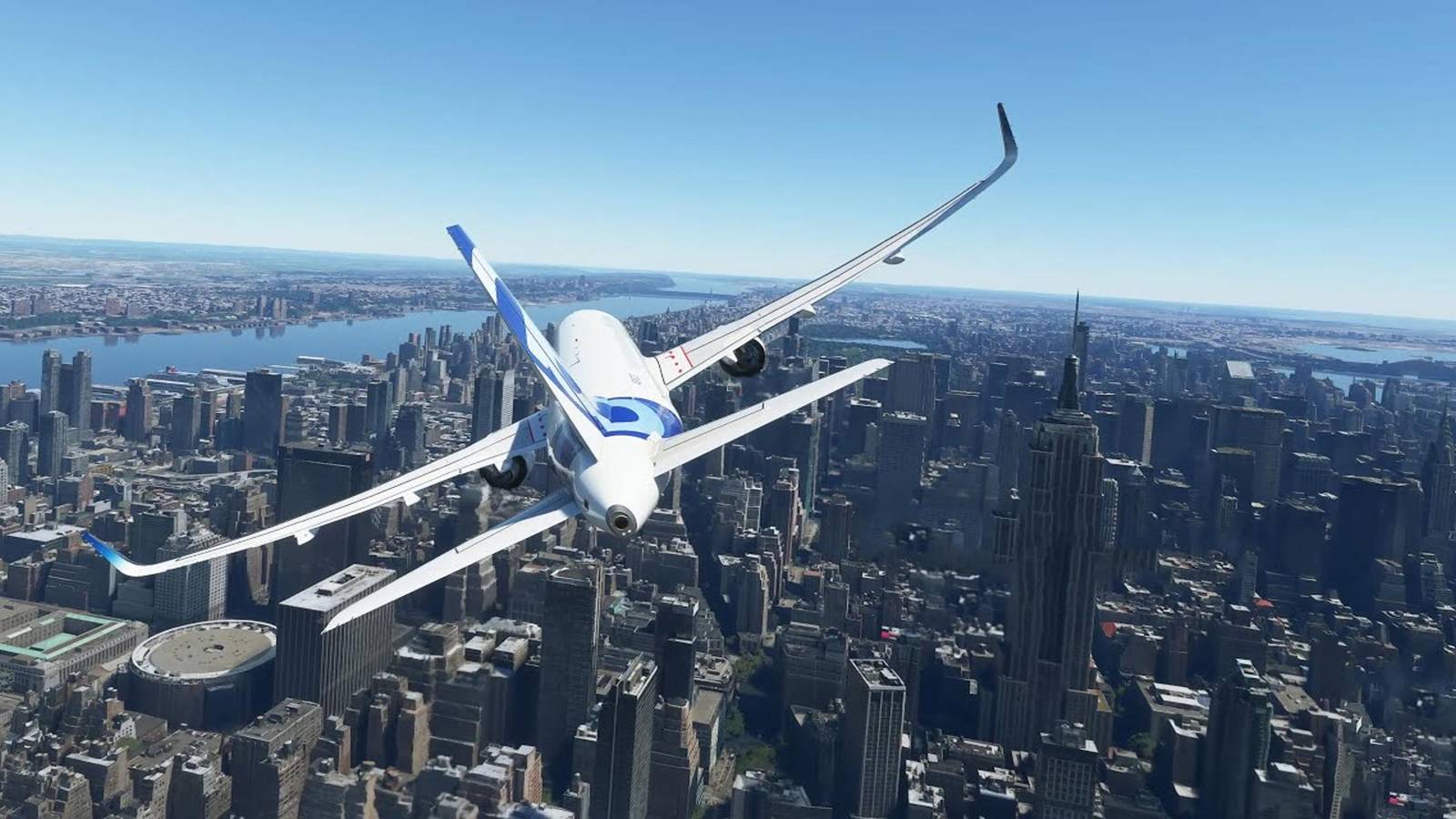 Flying a plane over a city in Microsoft Flight Simulator 2020