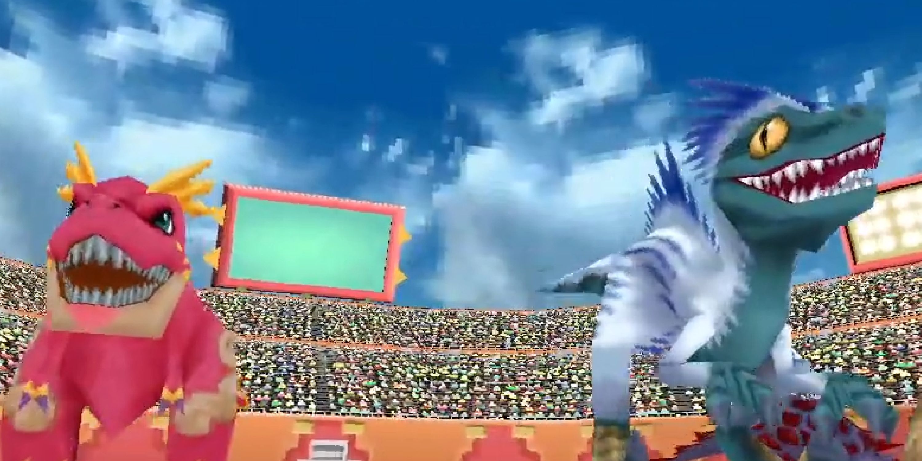 A V-Raptor and Shanshan on the battlefield in Fossil Fighters