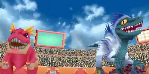 A V-Raptor and Shanshan on the battlefield in Fossil Fighters