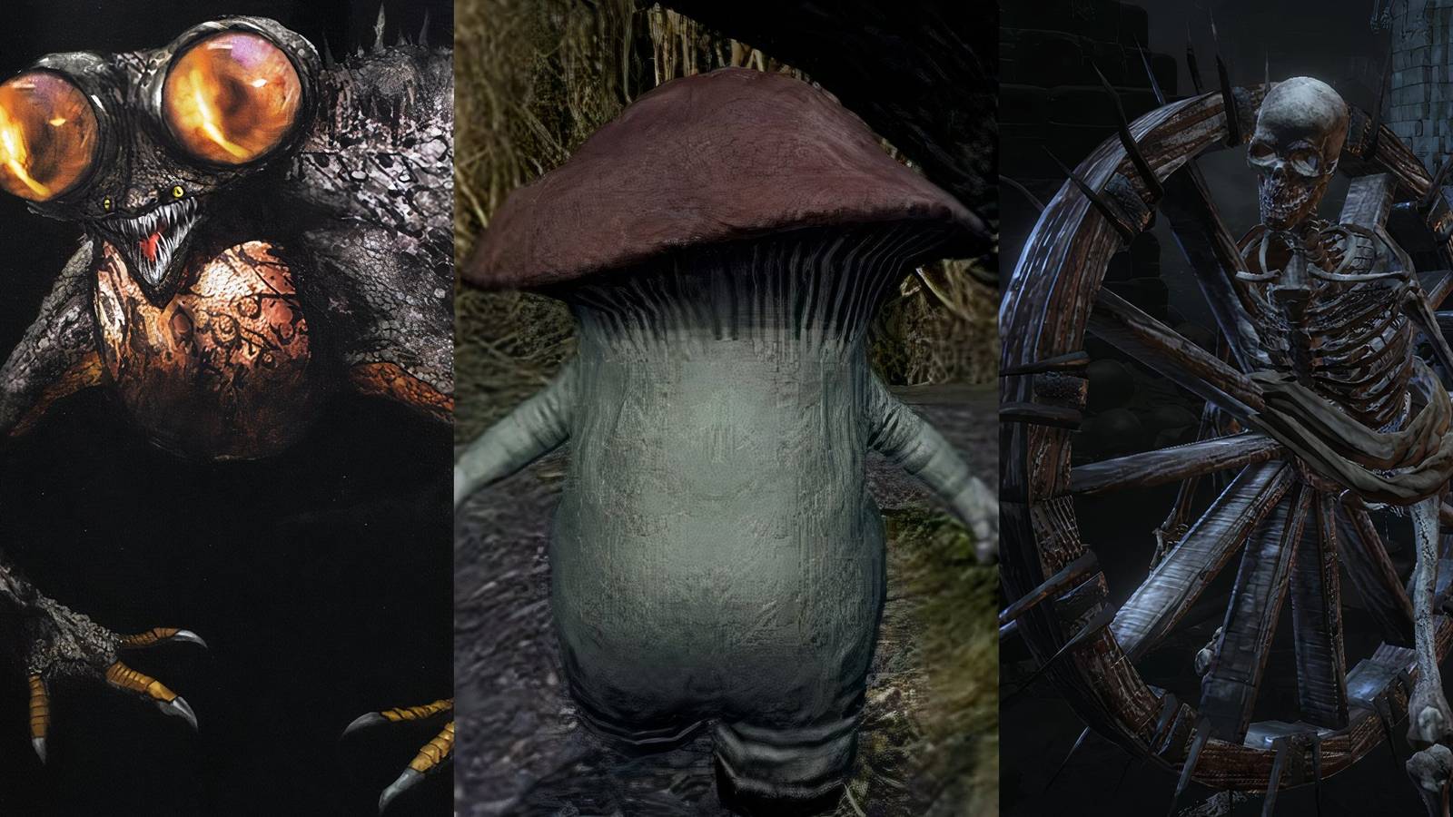 Feature image depicting a basilisk, a mushroom person, and a skeleton wheel