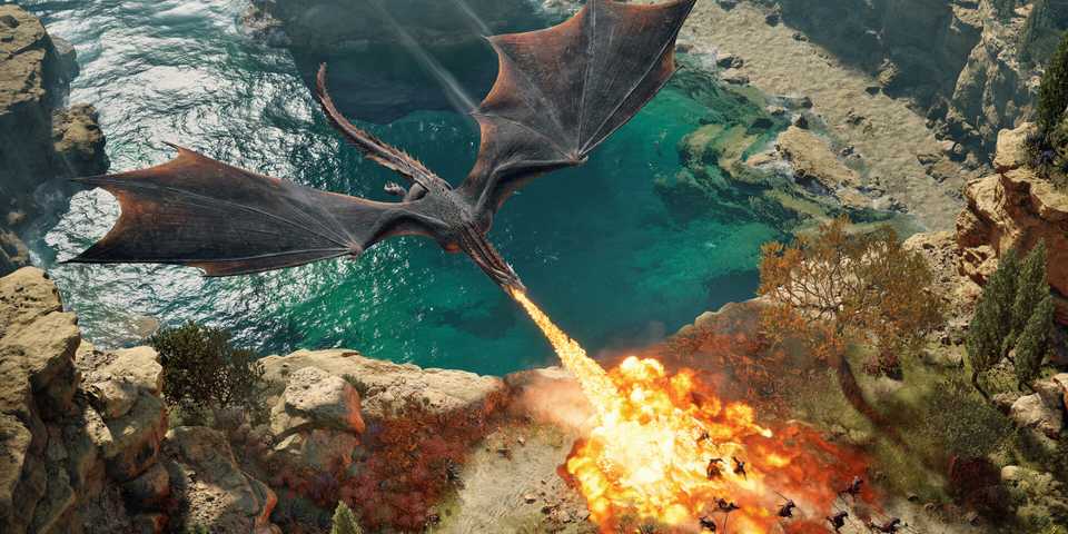 A dragon breathes fire onto a battlefield in Game of Thrones War For Westeros