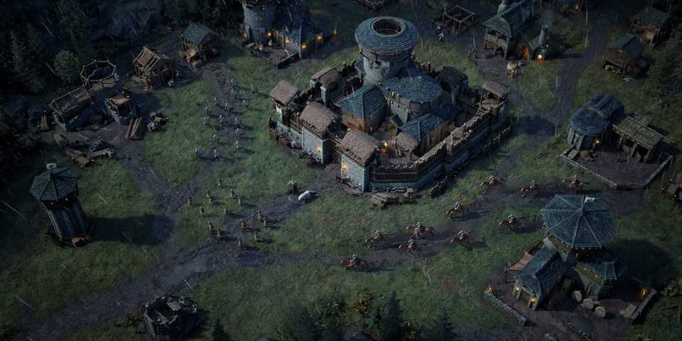 An overhead view of a fortified medieval castle with troops in Game of Thrones War For Westeros