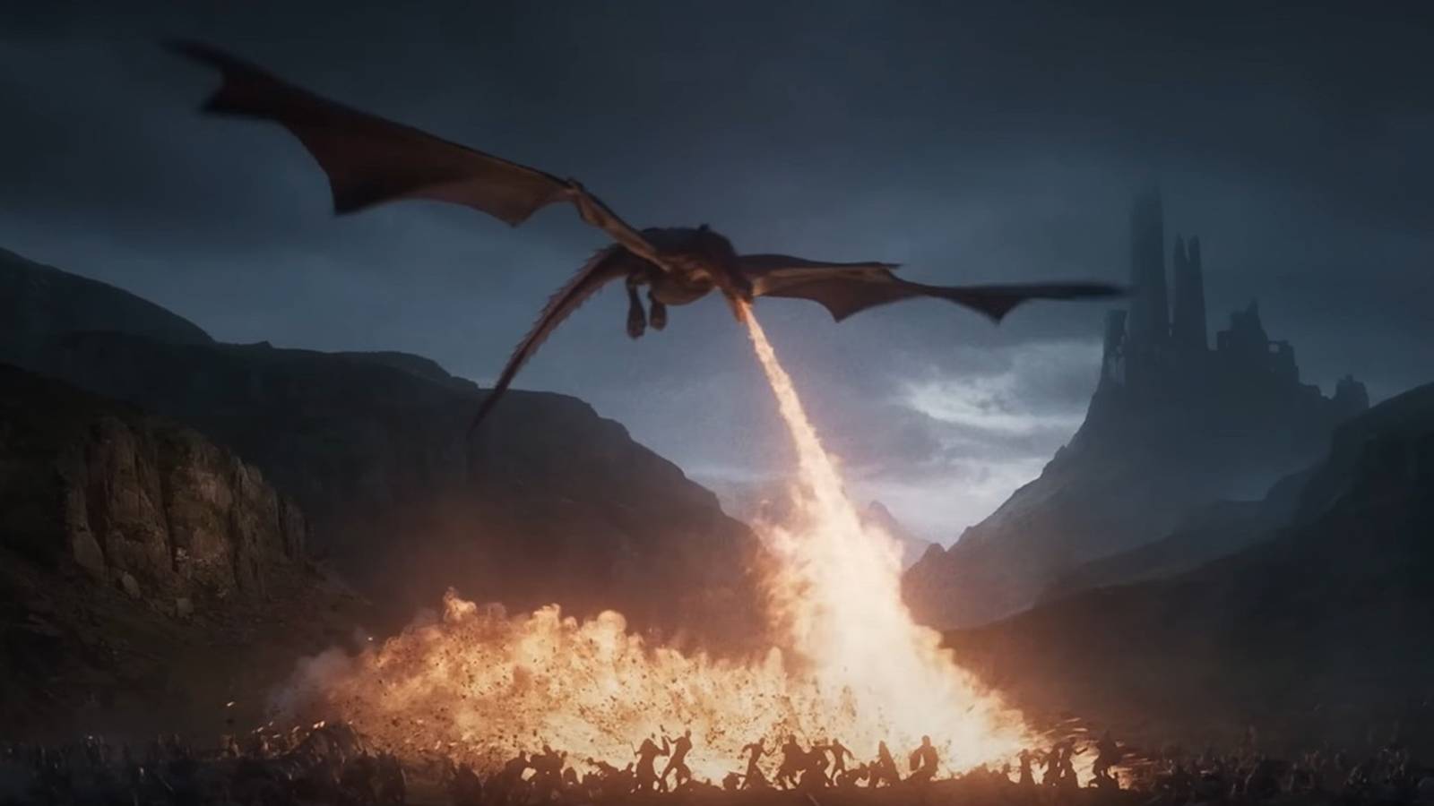 A dragon breathes fire onto a battlefield at dusk with a dark castle in the distance, from Game of Thrones: War for Westeros.