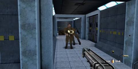 James Bond shooting enemies in GoldenEye 007