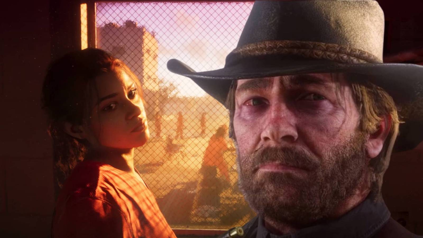 Lucia in jail from the Grand Theft Auto 6 trailer looking at Arthur Morgan from Red Dead Redemption 2