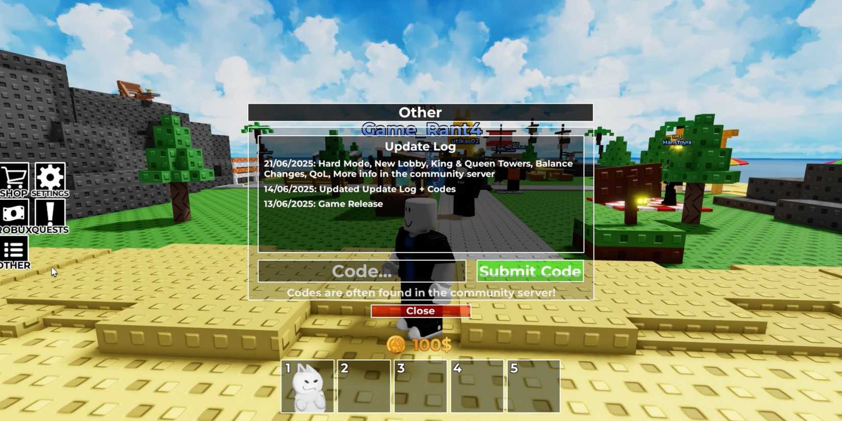 Gubby Tower Defense - the codes tab