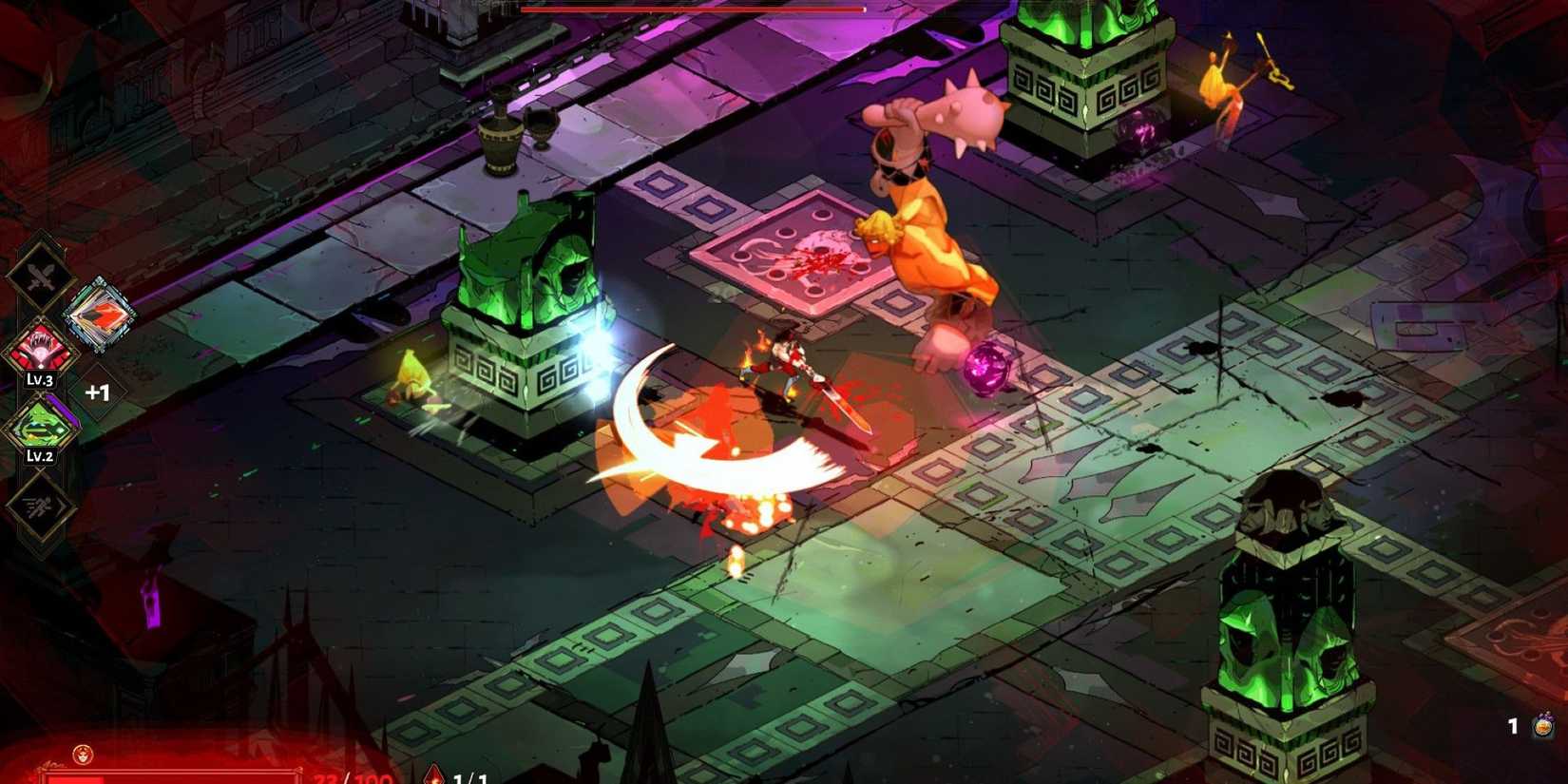 Hades Zagreus attacking enemy with sword while larger enemy comes up behind him