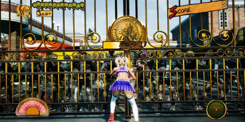 Holding back zombies at the gates in Lollipop Chainsaw