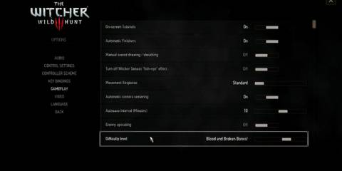 The Witcher 3 Difficulty level setting highlighted in game's settings