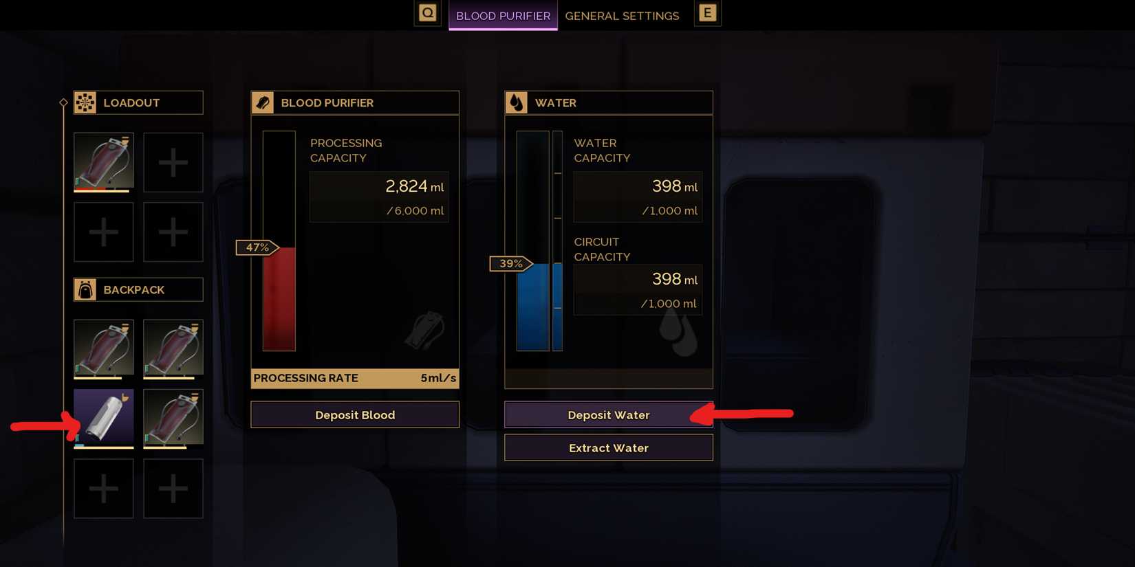 how to deposit and extract water into container from blood purfier in dune awakening